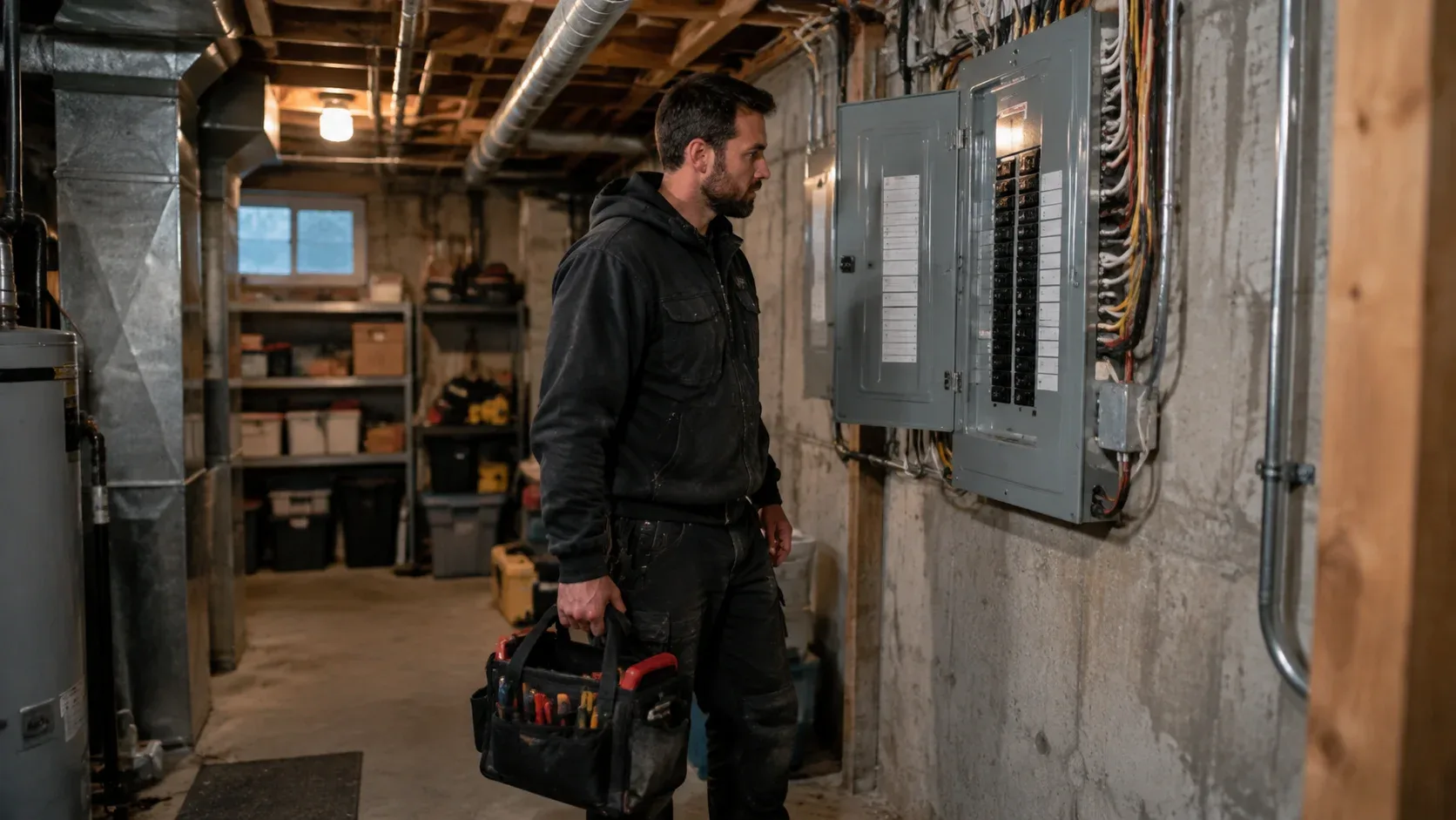 Licensed electrician working on an electrical panel in Waterloo